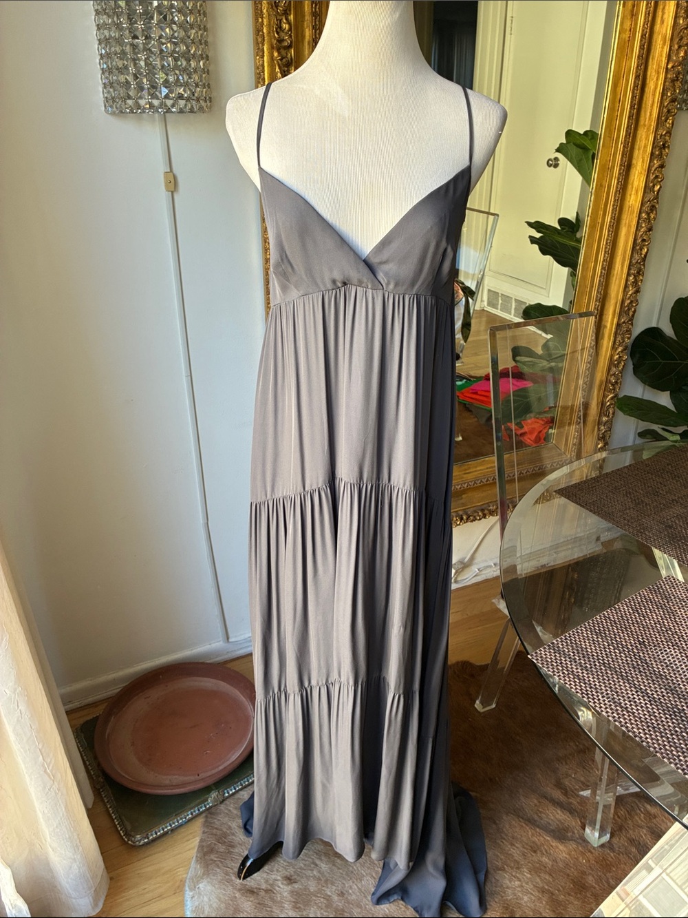 L’agence Spaghetti silk Strap Maxi Dress in Slate Gray